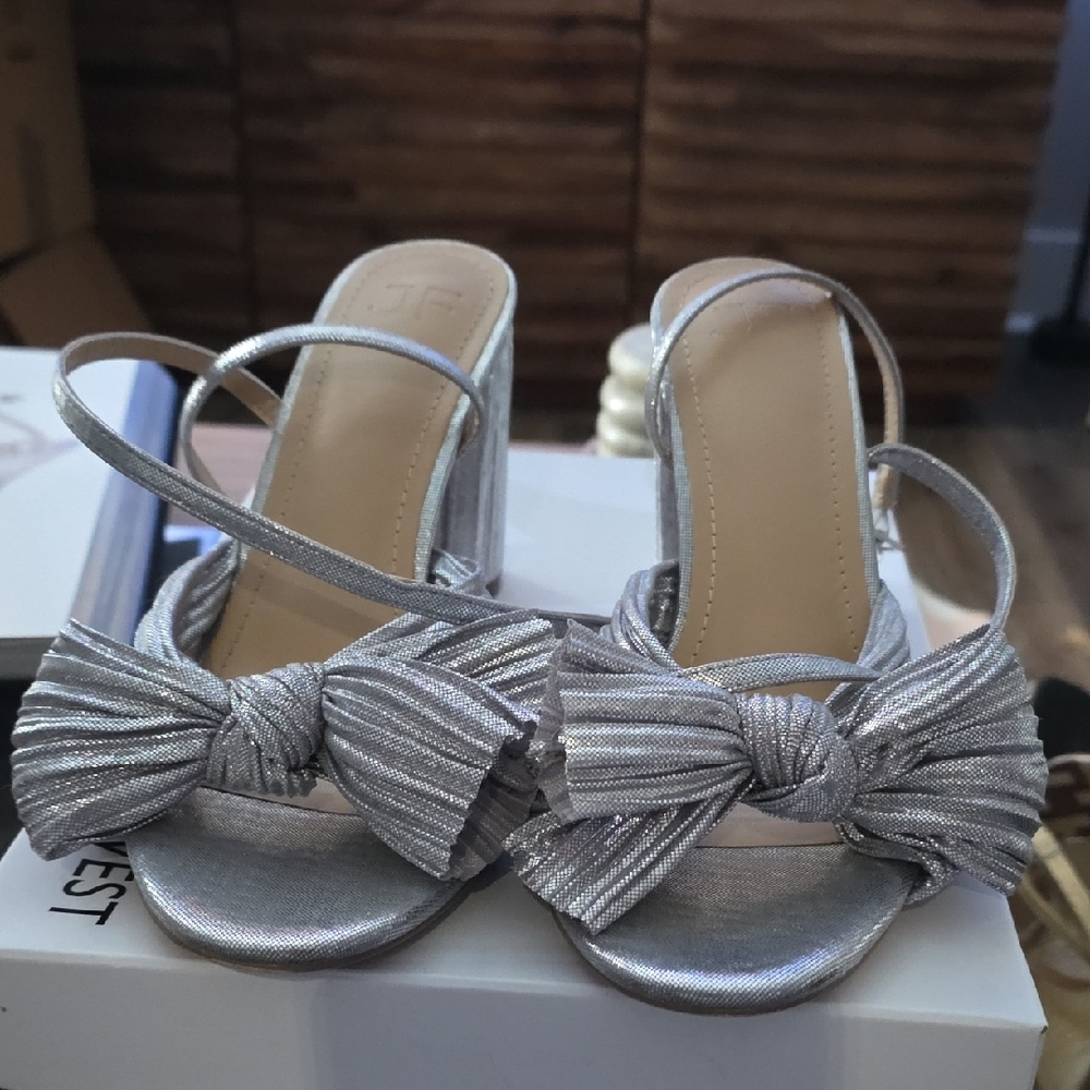Elegant Silver Satin Strappy Heels with Bow